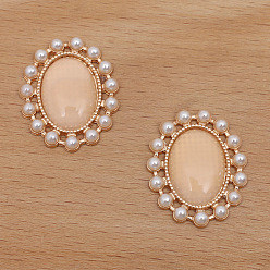 PeachPuff Retro Alloy Cabochons, with Imitation Cat Eye and Pearl, Oval, Light Gold, PeachPuff, 28x23mm