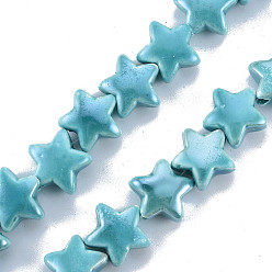 Medium Turquoise Handmade Porcelain Bead Strands, Pearlized, Star, Medium Turquoise, 14x15x7mm, Hole: 2mm, about 24~27pcs/strand, 10.63 inch~12.6 inch(27~32cm)
