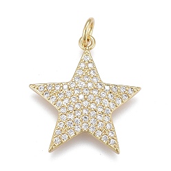 Real 18K Gold Plated Brass Micro Pave Clear Cubic Zirconia Pendants, Long-Lasting Plated, Star, Real 18K Gold Plated, 20x19x2mm, Jump Rings: 5x1mm, Inner Diameter: 3mm