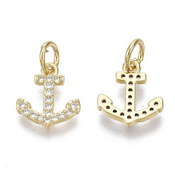 Real 18K Gold Plated Brass Micro Pave Cubic Zirconia Charms, with Jump Ring, Nickel Free, Anchor, Clear, Real 18K Gold Plated, 11x10x1.5mm, Hole: 3mm