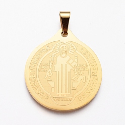 Golden 304 Stainless Steel Pendants, Flat Round with Saint Benedict, Golden, 40x35x2mm, Hole: 10x4mm