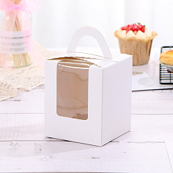 White Foldable Individual Kraft Paper Cake Box, Bakery Single Cupcake Packing Box, Rectangle with Clear Window and Handle, White, 91x92x110mm