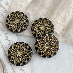 Black Czech Glass Beads, Flat Round with Flower, Black, 18mm