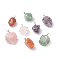 Mixed Stone Natural Mixed Stone Pendants, with Platinum Tone Copper Wire Wrapped, Nuggets, 28~40x18~29x14~20mm, Hole: 4~5mm
