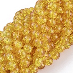 Gold Spray Painted Crackle Glass Beads Strands, Round, Gold, 6mm, Hole: 1.3~1.6mm, about 133pcs/strand, 31.4 inch