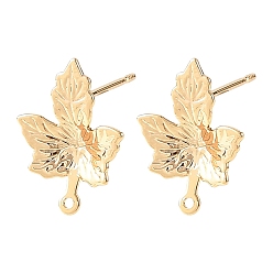 Real 18K Gold Plated SHEGRACE Brass Stud Earring Findings, Maple Leaf, with Loop, Cadmium Free & Lead Free & Nickel Free, Long-Lasting Plated, Real 18K Gold Plated, 16x12mm, Hole: 1mm, Pin: 11x0.7mm