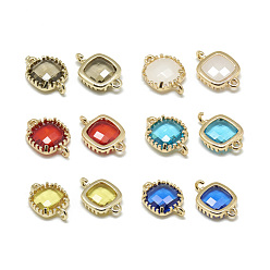 Mixed Color Glass Links connectors, with Golden Tone Brass Findings, Faceted, Square, Mixed Color, 15x9x3mm, Hole: 0.5mm