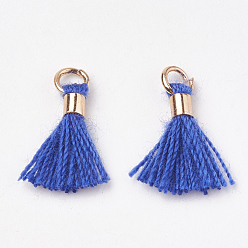 Blue Polycotton(Polyester Cotton) Tassel Pendant Decorations, Mini Tassel, with Brass Findings, Light Gold, Blue, 10~15x3~4mm, Hole: 2mm