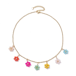 Colorful Bohemian Style Stainless Steel Glass Pendant Necklaces for Women, Flower, Colorful, 14.76 inch(37.5cm)