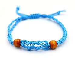 Deep Sky Blue Adjustable Braided Cotton Cord Macrame Pouch Bracelet Making, Interchangeable Stone, with Wood Beads, Deep Sky Blue, 900mm, Pouch: 40~45mm