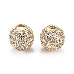 Real 14K Gold Plated Brass Micro Pave Clear Cubic Zirconia Beads, Long-Lasting Plated, Round, Real 14K Gold Plated, 8mm, Hole: 1.5mm