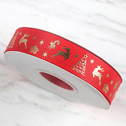 Red 25 Yards Flat Christmas Reindeer Printed Polyester Grosgrain Ribbons, Hot Stamping Ribbons, Red, 1 inch(25mm), about 25.00 Yards(22.86m)/Roll