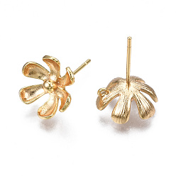Real 18K Gold Plated Brass Earring Findings, Nickel Free, Flower, Real 18K Gold Plated, 12x11mm, Hole: 1mm, Pin: 0.7mm