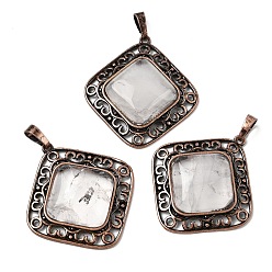 Хрусталь Подвески в форме ромба из натурального кварцевого кристалла, Подвески из горного хрусталя в винтажной латунной рамке красно-медного оттенка., 39x36.5x7~8 мм, отверстие : 8.5x5 мм