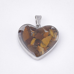 Tiger Eye Natural Tiger Eye Pendants, with Glass and 304 Stainless Steel Findings, Heart, Stainless Steel Color, 19x21x6mm, Hole: 3x5.5mm