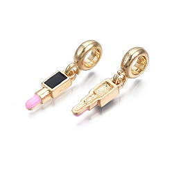 Pearl Pink Rack Plating Alloy Enamel European Dangle Charms, Large Hole Beads, Cadmium Free & Lead Free, Light Gold, Lipstick, Pearl Pink, 26.5mm, Hole: 5mm, Lipstick : 16.5x4.5x3mm