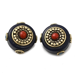 Antique Golden Handmade Tibetan Style Resin Beads, with Synthetic Turquoise and Brass Findings, Flat Round, Antique Golden, 20x21x13.5mm, Hole: 2mm