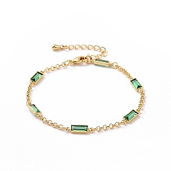 Medium Sea Green Rectangle Cubic Zirconia Chain Bracelets, Real 18K Gold Plated Brass Jewelry for Women, Cadmium Free & Nickel Free & Lead Free, Medium Sea Green, 6-1/2 inch(16.5cm)