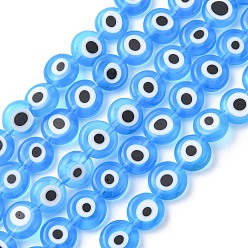 Озёрно--синий Ручной сглаза Lampwork плоские круглые пряди шарик, Плут синий, 8x3.2 мм, отверстие : 1 мм, около 49 шт / нитка, 14.56 дюйм