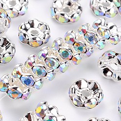 Clear AB Rhinestone Spacer Beads, Grade A, Clear AB White, with AB Color Rhinestone, Silver Color Plated, Brass, Nickel Free, Size: about 8mm in diameter, 3.8mm thick, hole: 1.5mm