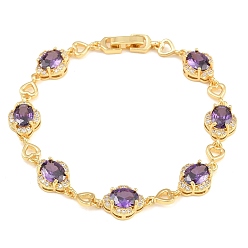 Pourpre Bracelets en laiton pavé de zirconiums cubiques en forme de cœur et de fleur pour femmes, crémaillère plaquage, plaqué longue durée, sans cadmium et sans plomb, réel 18 k plaqué or, pourpre, 7.40 pouce (18.8 cm)