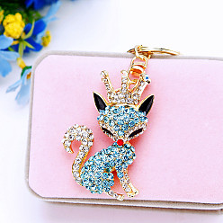 Full diamond crown fox sky blue Sparkling Diamond Fox Car Keychain Women's Bag Charm Metal Keyring Gift