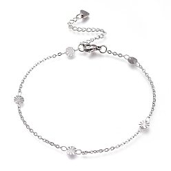Stainless Steel Color 304 Stainless Steel Cable Chain Anklets, with Textured Flat Round Links and Lobster Claw Clasps, Stainless Steel Color, 9-1/8 inch(23cm)