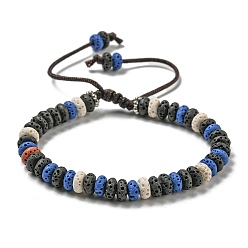 Gris Bracelet de perles tressées réglable en pierre de lave naturelle teint en disque, avec les accessoires en pvc, grises , diamètre intérieur: 2-1/8~3-3/8 pouce (5.3~8.5 cm)