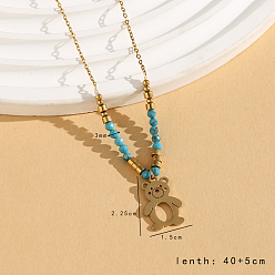 Медведь Винтажное рождество 304 Женские подвески из нержавеющей стали и синтетической бирюзы, золотые, медведь, 15.75 дюйм (40 см)