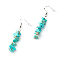 Synthetic Turquoise Synthetic Turquoise Chip Beads Dangle Earrings, Brass Jewelry for Girl Women, Platinum, 53.5~54.5mm, Pin: 0.5mm
