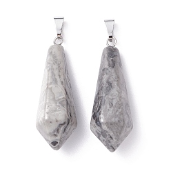 Map Stone Natural Map Stone Pointed Pendants, with Platinum Plated Brass Loops, Bullet, 35.3~38x13~14mm, Hole: 6.5x2.8mm