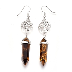 Tiger Eye Pointed Bullet Natural Tiger Eye Dangle Earrings, with Brass Earring Hooks and Flat Round with Tree of Life Links, Platinum, 76mm, Pin: 0.7mm