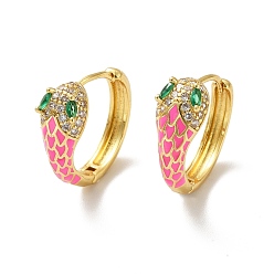 Ярко-Розовый Серьги-кольца со змеей из кубического циркония с эмалью, серьги на петлях из настоящей позолоченной латуни 18k для женщин, без кадмия и без свинца, ярко-розовый, 16x17.5x7 мм, штифты : 0.8 мм
