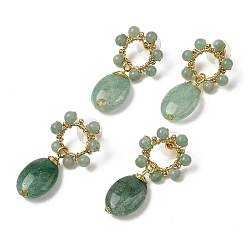 Зеленый Авантюрин Натуральный зеленый авантюрин висит серьги, цветок с овальной, с фурнитурой латунной для серег, золотые, стойки покрытие, 40.5~41x21.5 мм