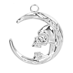Stainless Steel Color Stainless Steel Pendants, Moon with Skull Charms, Stainless Steel Color, 29x24x2mm, Hole: 2.8mm