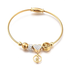 Golden 304 Stainless Steel European Bracelets, with Polymer Clay Crystal Rhinestone and Magnetic Clasps, Flat Round with Musical Note, Golden, Inner Diameter: 2-3/8 inch(6.2cm)
