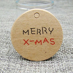 Word Kraft Paper Price Tags, Tan, Flat Round with Word Merry, Christmas Themed Pattern, 3cm, 100pcs/set