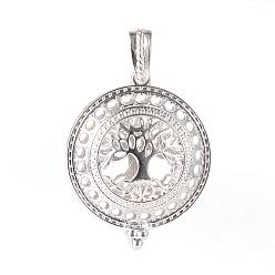 Platinum Alloy Diffuser Locket Pendants, with Magnetic, Flat Round with Tree, Platinum, 43x35x15.5mm, Hole: 7x4mm