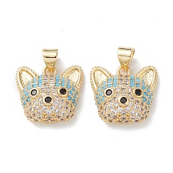 Sky Blue Brass Micro Pave Cubic Zirconia Pendants, Real 16K Gold Plated, Dog Charms, Sky Blue, 16x17x6.5mm, Hole: 5x3mm.