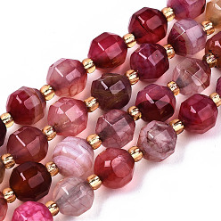 Hot Pink Natural Agate Beads Strands, Faceted, with Seed Beads, Dyed, Round, Hot Pink, 8x7.5mm, Hole: 1.2mm, Beads: 3.5x2mm, about 34pcs/strand, 15.35 inch(39cm)