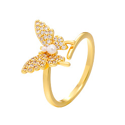 Golden Cubic Zirconia Butterfly with Plastic Pearl Open Cuff Rings, Alloy Finger Ring, Golden, Inner Diameter: 17mm