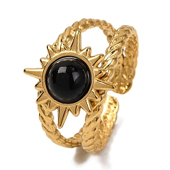 Black Onyx Круглые кольца на палец из натурального черного оникса, солнечно-золотистый тон 304 манжеты из нержавеющей стали для женщин, 9.5 мм, внутренний диаметр: регулируемый