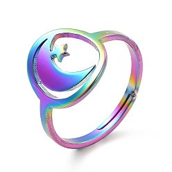 Rainbow Color Ion Plating(IP) 201 Stainless Steel Moon & Star Adjustable Ring for Women, Rainbow Color, US Size 6 1/2(16.9mm)