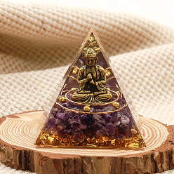 Amethyst Orgonite Pyramid Resin Energy Generators, Reiki Natural Amethyst Chips and Buddha Inside for Home Office Desk Decoration, 50x50x50mm