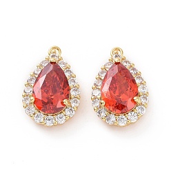 Red Brass Micro Pave Cubic Zirconia Pendants, Teardrop, Red, 19x12x7mm, Hole: 1.2mm