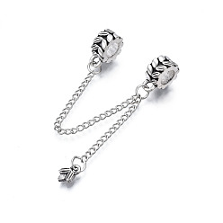 Platinum Rack Plating Alloy European Dangle Charms, with Chain, Large Hole Beads, Cadmium Free & Lead Free, Double Flat Round with Leaf, Platinum, 91mm, Hole: 5.5mm
