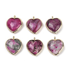Кварц Подвески из натурального окрашенного кварца, имитирующие сугилит, с подвесками в виде сердечек из латуни с покрытием стойки, золотые, 24.5x21.5x8 мм, отверстие : 2.2 мм