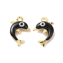 Black Brass Enamel Pendants, Real 18K Gold Plated, Dolphin with Evil Eye, Black, 12.5x8x3mm, Hole: 1mm
