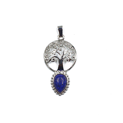 Lapis Lazuli Natural Lapis Lazuli Dyed Teardrop Pendants, Tree of Life Charms with Platinum Plated Metal Findings, 49x26mm
