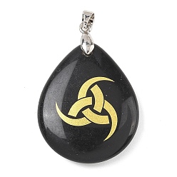 Обсидиан Природные подвески обсидиана, с реечной обшивкой латунными выводами, без кадмия и без свинца, очарование слезы, 31x25x5~7 мм, отверстие : 4.5x4 мм